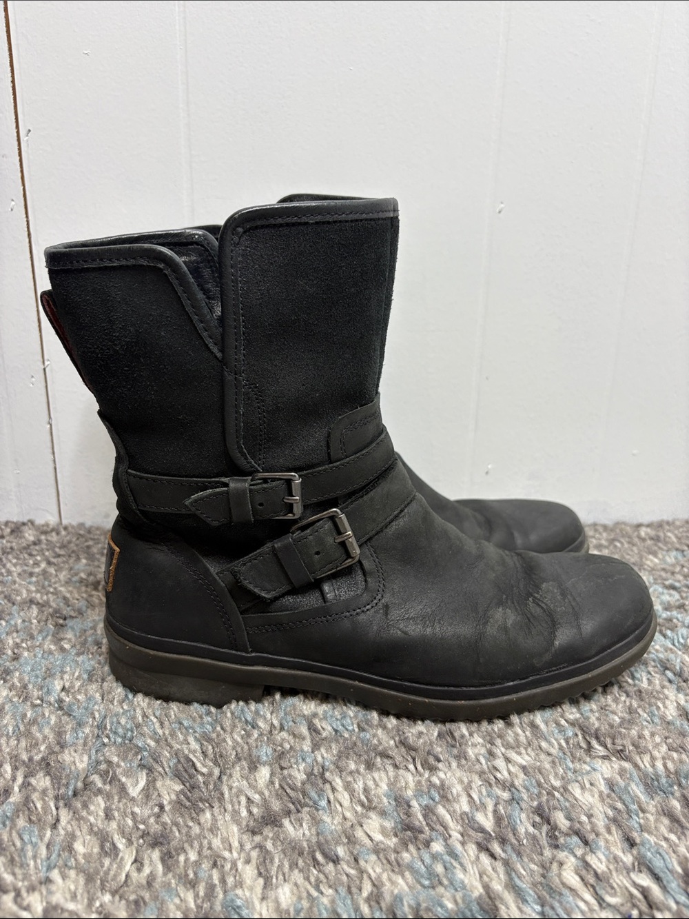 UGG Boots Womens 10 Zip Mid Buckles Mixed Media Leather Comfort Fleece Lined